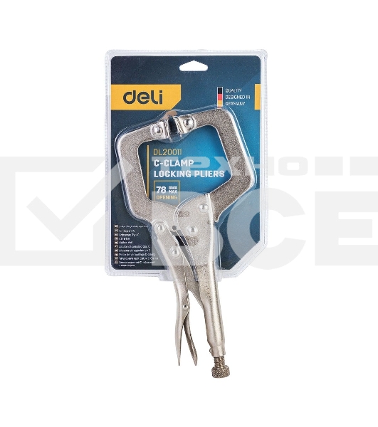 Зажимные клещи С-образные с фиксатором Deli DL20011 Рабочий ход 78 мм. Материал высокоуглеродистая сталь CrMo. Регулировочный винт. Быстросъемная ручка.