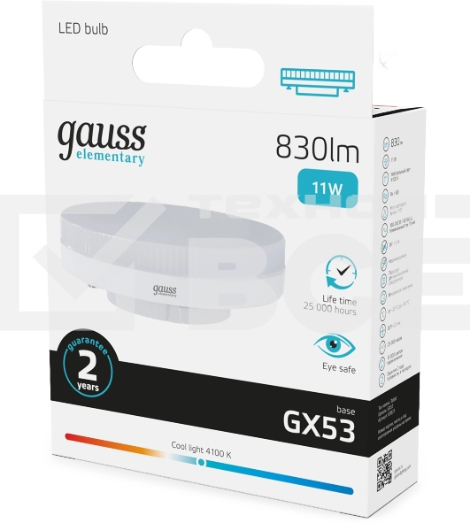 Лампа светодиодная Gauss Elementary 11Вт цок.:GX53 таблетка 220B св.свеч.бел.нейт. Tablet (упак.:10шт) (83821)