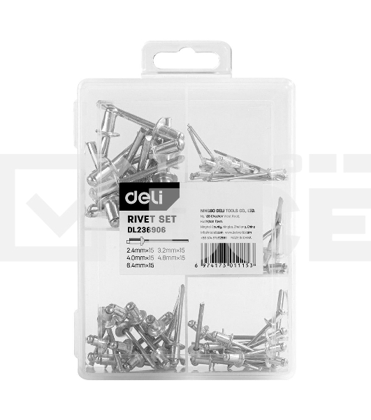 Набор заклепок Deli DL236906 75 шт (2.4мм,3.2мм,4.0мм,4.8мм,6.0мм) * 15 шт Пластиковая коробка.