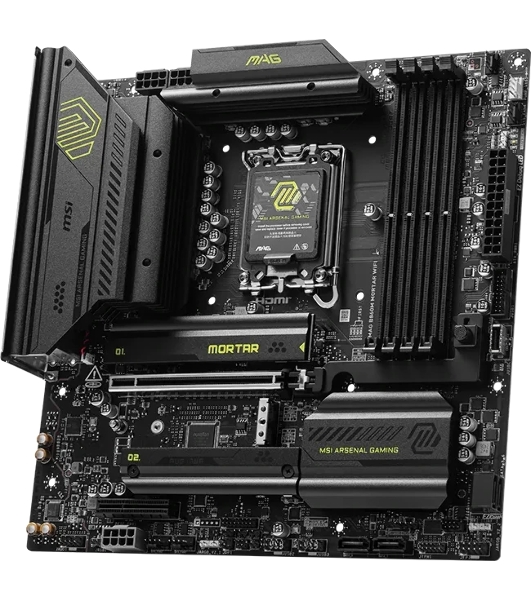 Материнская плата MSI MAG B860M MORTAR WIFI, LGA 1851, Intel B860, 4xDDR5 (до 256 ГБ), 4xSATA, 3xM.2 (1xPCIe 5.0, 2xPCIe 4.0), 1xPCIe 5.0 x16, 1xPCIe 4.0 x4, 1xHDMI, 1xDP, 1x5Gb LAN, Wi-Fi 7, Bluetooth 5.4, 1xUSB-C 40Gbps (Thunderbolt 4), 1xUSB-C 10Gbps, 3xUSB-A 10Gbps, 4xUSB-A 2.0, 3x3.5 мм + S/PDIF оптический, 7.1, чёрный, mATX