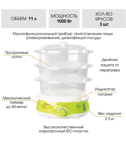 Пароварка Endever Vita-171 белый/зеленый, 11 л, ярусы - 3, 1000 Вт, механическое