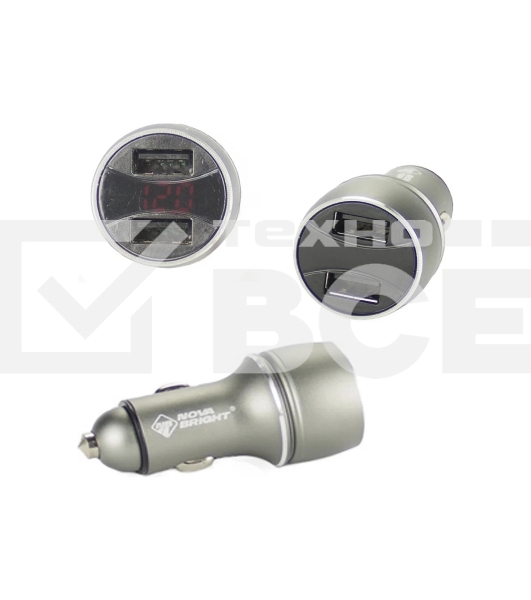 Сетевое зарядное устройство NOVA BRIGHT для моб.устройств, 2 USB-порта, 2100мА + цифровой LED вольтметр, 12/24В 46898