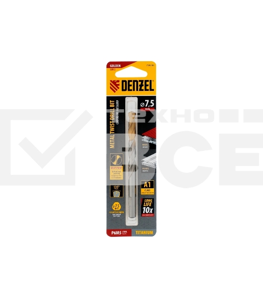 Сверло спиральное по металлу Denzel 7,5 x 109мм, Р6М5, Golden Tip