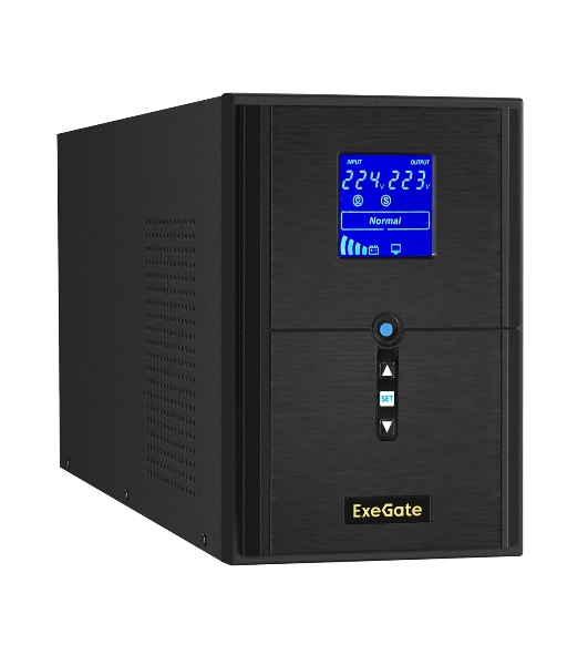 Источник бесперебойного питания (инвертор, синус, для котла) ExeGate SineTower SZ-2000.LCD.AVR.3SH.1C13.USB 2000VA/1600W, чистая синусоида, LCD дисплей, AVR, 3хSchuko+1хC13, USB, линейно-интерактивный, внешняя батарея 24В до 200А·ч, черный