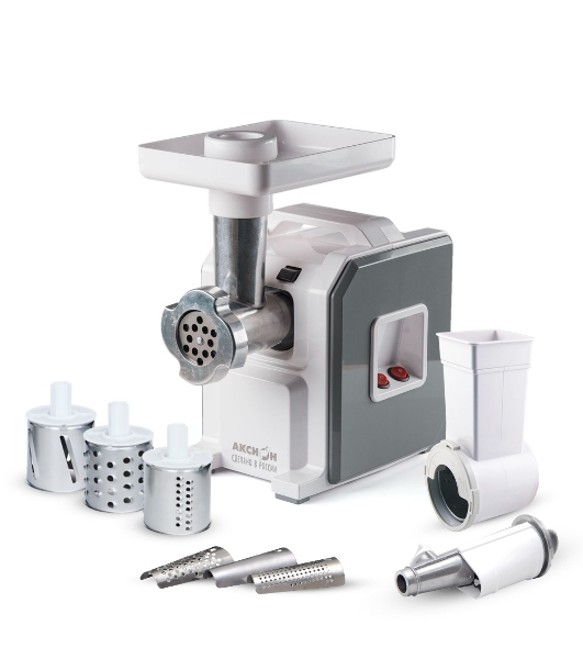 Мясорубка электрическая Аксион М43.02 белый / серый, 1900 Вт, 2.0 кг/мин, реверс, защита от перегрузки, насадки - 8