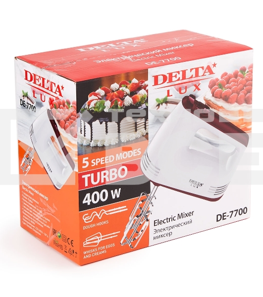 Миксер Delta LUX DE-7700 белый с бордовым : 400 Вт,4 насадки,5 скоростн.режимов,