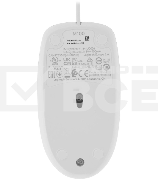 Мышь проводная Logitech M100 белый, 1000 dpi, USB, кнопки - 3
