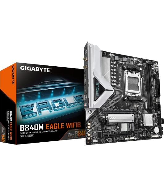 Материнская плата Gigabyte B840M EAGLE WIFI6, AM5, AMD B840, 4xDDR5, 4xSATA, 2xM.2, 1xPCIe 4.0 x16, 1xPCIe x1, 1xHDMI, 2xDP, 1x2.5Gb LAN, Wi-Fi 6, Bluetooth 5.3, 1xUSB-C 10Gbps, 1xUSB-A 10Gbps, 2xUSB-A 5Gbps, 4xUSB-A 2.0, 1xPS/2, 3x3.5 мм, 7.1, mATX