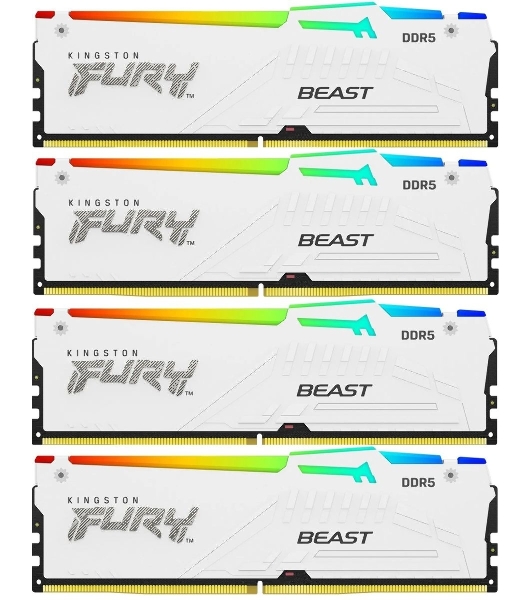 Оперативная память Kingston Fury Beast, DDR5, 128Gb (4x32 Gb), 5200 MHz, CL40, радиатор, RGb, белый