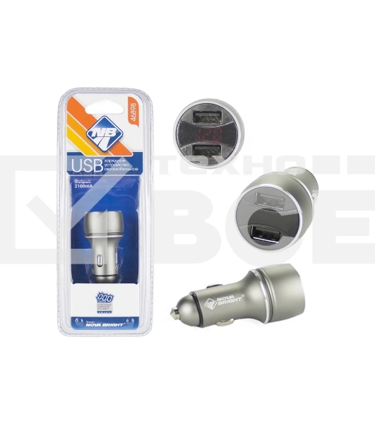 Сетевое зарядное устройство NOVA BRIGHT для моб.устройств, 2 USB-порта, 2100мА + цифровой LED вольтметр, 12/24В 46898