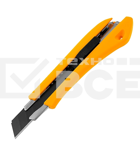 Нож Denzel 18 мм, сменное лезвие, SK4, метал. направляющая, нажимной фиксатор