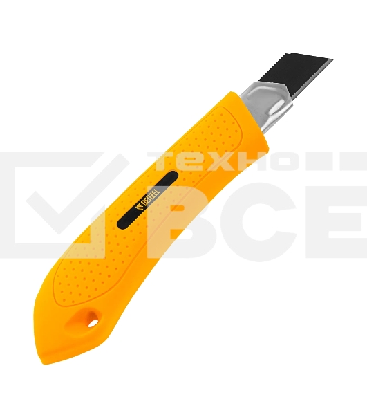 Нож Denzel 18 мм, сменное лезвие, SK4, метал. направляющая, нажимной фиксатор