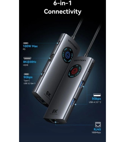 USB-концентратор Vention TQZHB, USB Type-C, USB/HDMI/RJ-45/USB Type-C, USB Type-C