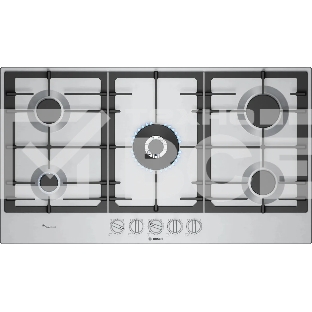 Газовая варочная панель Bosch PCR9A5I90M,90 см,нержавеющая сталь, 5 конфорок, 1 WOK-конфорка c 2 контурами пламени, 1 конфорка повышенной мощности,чугунные решетки,газ-контроль, автоматический электроподжиг