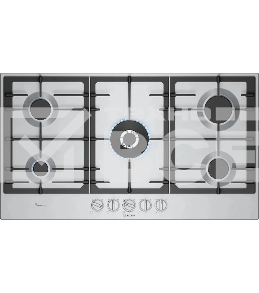 Газовая варочная панель Bosch PCR9A5I90M,90 см,нержавеющая сталь, 5 конфорок, 1 WOK-конфорка c 2 контурами пламени, 1 конфорка повышенной мощности,чугунные решетки,газ-контроль, автоматический электроподжиг