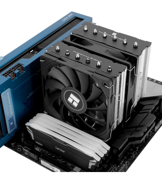 Кулер для процессора Thermalright Royal Knight 120 SE (4-pin PWM, 155мм, Ni/Cu, 6x6мм, 2x120мм, 66.17CFM/59CFM, 25.6dBA/26.1dBA, 1500RPM/1800RPM, S: 1200, 1700, 1851, 115X, AM4, AM5, silver, black)