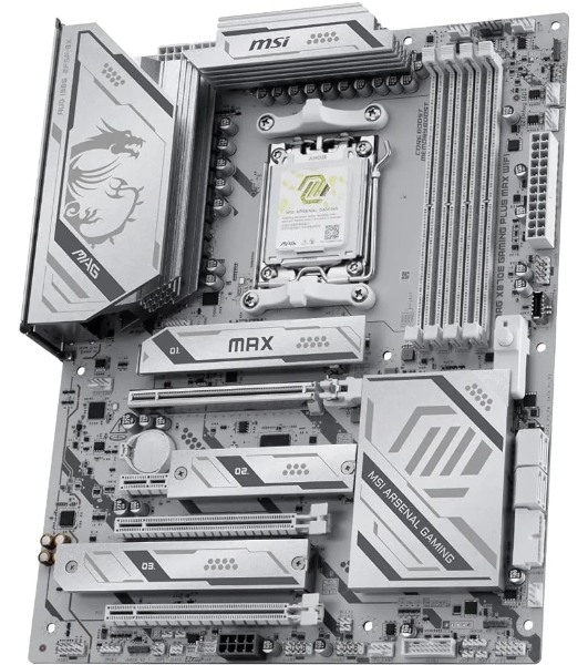 Материнская плата MSI MAG X870E GAMING PLUS MAX WIFI, AM5, AMD X870E, 4xDDR5 (до 256 ГБ), 4xSATA, 3xM.2 (1xPCIe 5.0, 2xPCIe 4.0), 1xPCIe 5.0 x16, 1xPCIe 4.0 x16, 1xPCIe 3.0 x16, 1xPCIe x1, 1xHDMI, 1x5Gb LAN, Wi-Fi 7, Bluetooth 5.4, 1xUSB-C 40Gbps (USB4), 1xUSB-C 20Gbps, 2xUSB-A 10Gbps, 2xUSB-A 5Gbps, 4xUSB-A 2.0, 3x3.5 мм + S/PDIF оптический, 7.1, белый, ATX
