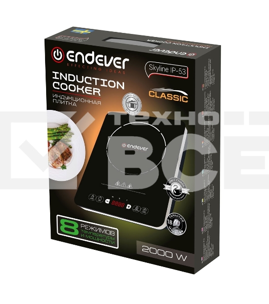 Индукционная плитка Endever Skyline IP-53, черный, мощность 2000 Вт, диаметр посуды 12-26 см, 8 режимов мощности
