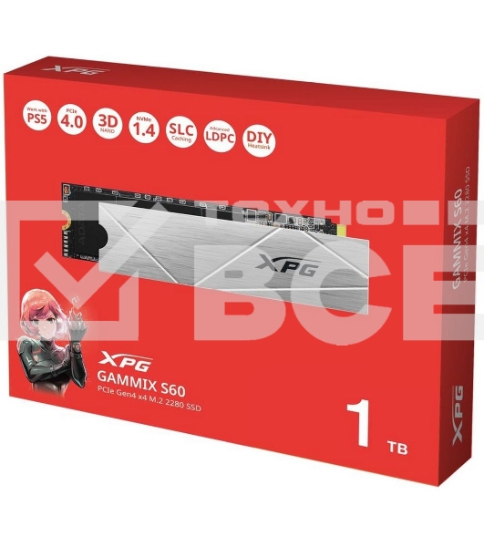 Накопитель SSD ADATA XPG GAMMIX S60, 1Tb, PCIe 4.0 x4, M.2 2280, NVMe, R/W 5000/3200, с радиатором
