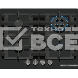 Газовая варочная панель Bosch Serie 4, 60 см, закаленное стекло, черный, 4 конфорки, 1 конфорка WOK c 2 контурами пламени, индивидуальные чугунные решетки, газ-контроль, автоматический электроподжиг, сделано в Испании