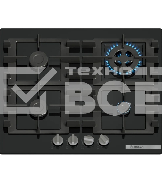Газовая варочная панель Bosch Serie 4, 60 см, закаленное стекло, черный, 4 конфорки, 1 конфорка WOK c 2 контурами пламени, индивидуальные чугунные решетки, газ-контроль, автоматический электроподжиг, сделано в Испании
