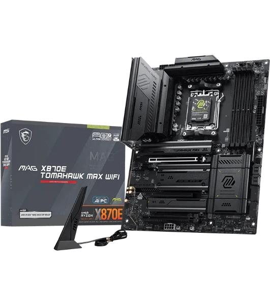Материнская плата MSI MAG X870E TOMAHAWK MAX WIFI, AM5, AMD X870E, 4xDDR5 (до 256 ГБ), 4xSATA, 4xM.2 (2xPCIe 5.0, 2xPCIe 4.0), 1xPCIe 5.0 x16, 1xPCIe 4.0 x16, 1xPCIe 3.0 x16, 1xHDMI, 1x5Gb LAN, Wi-Fi 7, Bluetooth 5.4, 2xUSB-C 40Gbps (USB4), 1xUSB-C 10Gbps, 2xUSB-A 10Gbps, 3xUSB-A 5Gbps, 4xUSB-A 2.0, 3x3.5 мм + S/PDIF оптический, 7.1, чёрный, ATX