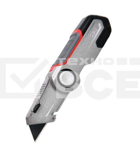 Строительный складной нож с Т-образным лезвием Deli DL030 в комплекте 3 запасных лезвия SK2, рукоятка из цинкового сплава с резиновыми вставками