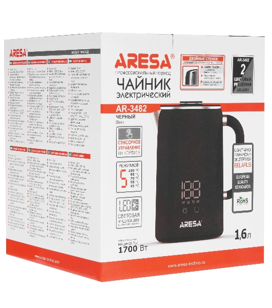 Электрочайник Aresa AR-3482 черный, 1.6 л, 1700 Вт, скрытый нагревательный элемент, поддержание температуры