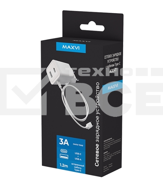 Сетевое зарядное устройство Maxvi A304T Type-C\USB 3A 15W + литой кабель Type-C 1.2м, белый