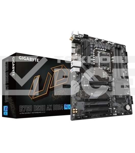 Материнская плата Gigabyte B760 DS3H AX DDR4, LGA 1700, Intel B760, 4xDDR4, 4xSATA, 2xM.2, 1xPCIe 4.0 x16, 4xPCIe 3.0 x1, 1xHDMI, 1xDP, 1x 1Gb LAN, 4xUSB-A 2.0, 1xUSB-A 3.2 Gen 2, 1xUSB-C 3.2 Gen 2, 3x3.5 мм, 7.1, ATX.