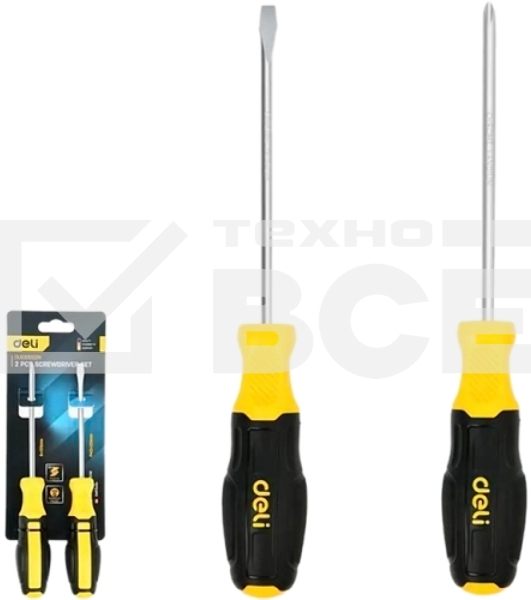 Набор отверток Deli DL630002N 2шт SL6x125 + PH2x125 сталь Cr-V, двухкомпонентная прорезиненная рукоять