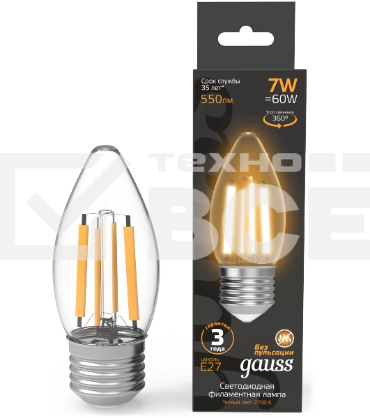 Лампа филам. Gauss Filament 7Вт цок.:E27 свеча св.свеч.бел.теп. (упак.:10шт) (103802107)