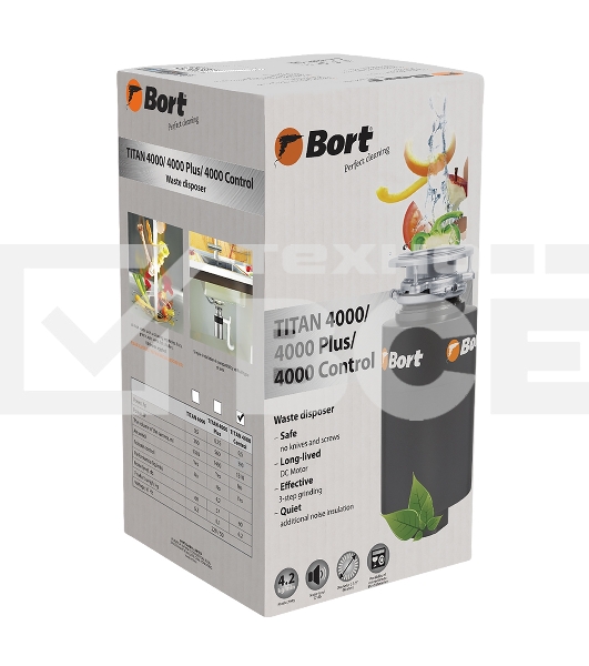Измельчитель пищевых отходов Bort TITAN 4000 (Control) Мощность л.с. 0,75; 560 Вт; 4,2 кг/мин; 3200 об/мин; 1400 мл; Металл;набор аксессуаров 5 шт [93410242]