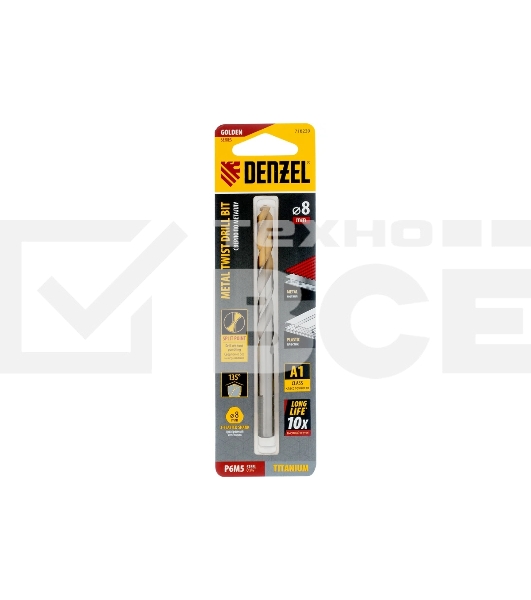 Сверло спиральное по металлу Denzel 8 x 117мм, Р6М5, Golden Tip