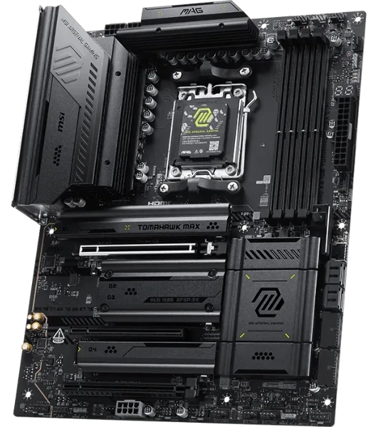 Материнская плата MSI MAG X870E TOMAHAWK MAX WIFI, AM5, AMD X870E, 4xDDR5 (до 256 ГБ), 4xSATA, 4xM.2 (2xPCIe 5.0, 2xPCIe 4.0), 1xPCIe 5.0 x16, 1xPCIe 4.0 x16, 1xPCIe 3.0 x16, 1xHDMI, 1x5Gb LAN, Wi-Fi 7, Bluetooth 5.4, 2xUSB-C 40Gbps (USB4), 1xUSB-C 10Gbps, 2xUSB-A 10Gbps, 3xUSB-A 5Gbps, 4xUSB-A 2.0, 3x3.5 мм + S/PDIF оптический, 7.1, чёрный, ATX