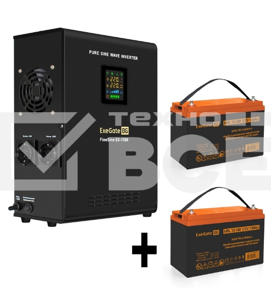 Комплект ИБП EX295998RUS + батарея 100Aч EX285656RUS 2шт (инвертор, синус, для котла, настенный) ExeGate FineSine SX-1500.LCD.AVR.2SH <1500VA/1050W, чистая синусоида, цветной LCD-дисплей, AVR, 2*Schuko, линейно-интерактивный, крепление настенное/универсал