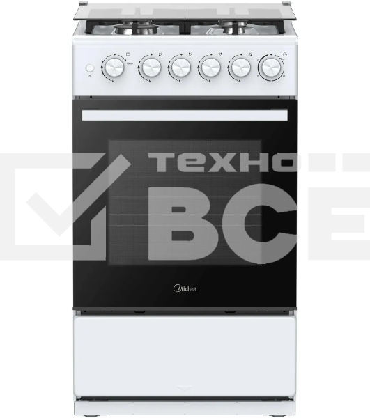 Плита газовая Midea MFO-M4G20T0E(WH) белый/черный, конфорок 4 газовых, духовка 62 л, 49.3 см x 90 см x 55.6 см