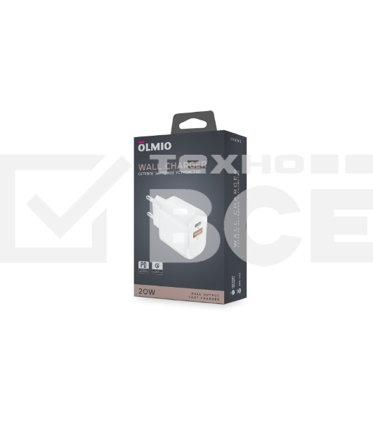Сетевое зарядное устройство OLMIO Type-C+USB, 20W, 3A, QuickCharge3.0, PowerDelivery, белое