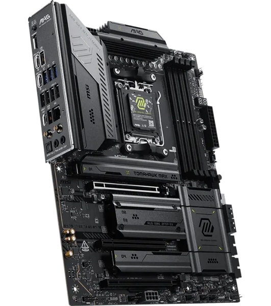 Материнская плата MSI MAG X870E TOMAHAWK MAX WIFI, AM5, AMD X870E, 4xDDR5 (до 256 ГБ), 4xSATA, 4xM.2 (2xPCIe 5.0, 2xPCIe 4.0), 1xPCIe 5.0 x16, 1xPCIe 4.0 x16, 1xPCIe 3.0 x16, 1xHDMI, 1x5Gb LAN, Wi-Fi 7, Bluetooth 5.4, 2xUSB-C 40Gbps (USB4), 1xUSB-C 10Gbps, 2xUSB-A 10Gbps, 3xUSB-A 5Gbps, 4xUSB-A 2.0, 3x3.5 мм + S/PDIF оптический, 7.1, чёрный, ATX