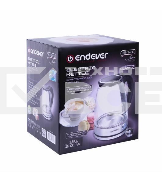 Чайник электрический Endever Skyline KR-345G стальной/черный, 2200 Вт, 1,8 л, сталь/стекло, 12 шт/уп.