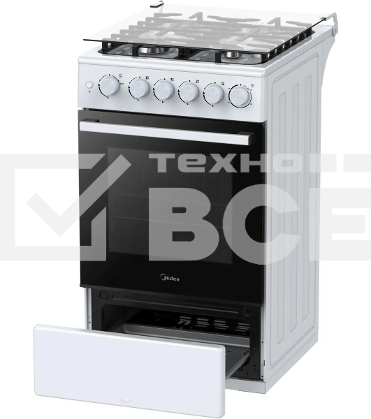 Плита газовая Midea MFO-M4G20T0E(WH) белый/черный, конфорок 4 газовых, духовка 62 л, 49.3 см x 90 см x 55.6 см
