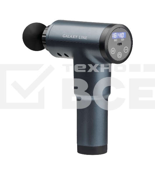 Массажер для тела GALAXY LINE GL 4945, серо-синий, аккумуляторный, 24 Вт, 4 насадки, 99 уровней интенсивности, вр. работы 1,5 ч, 2800~3500 об/мин, LCD-дисплей, таймер 15 мин, сенсорное управление, USB-кабель, Li-Ion аккумулятор емкостью 1500 мА•ч