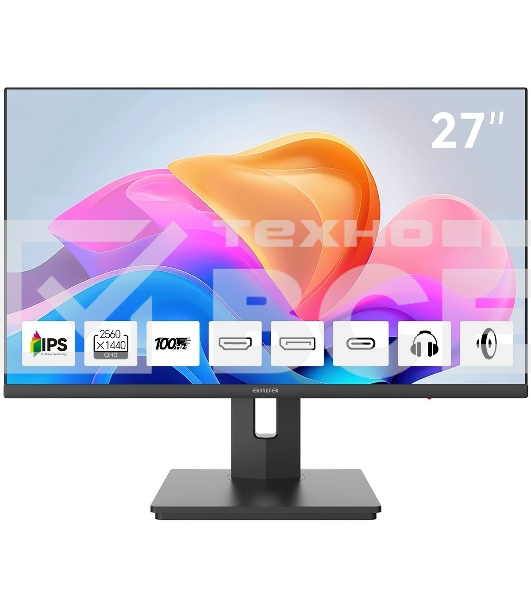 Монитор 27' Aiwa MQ274A IPS 2560x1440, 100 Гц, 4 мс, 16:9, 300 кд/м², HDMI 2.0, DP 1.2, USB-C (15 Вт), 3.5 Jack, динамики (2x3 Вт), FreeSync, G-Sync, черный