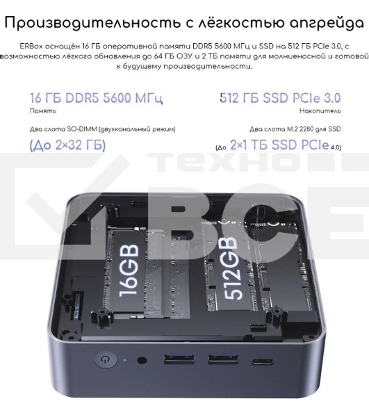 Неттоп Acer Gadget E10 ERBox Ryzen 7 8745HS (3.8) 16Gb SSD512Gb UHDG Windows 11 Pro 2xGbitEth WiFi BT 120W черный (1747236)