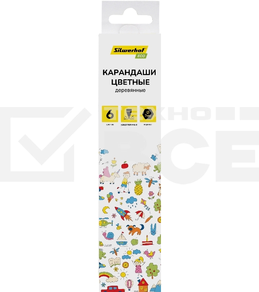 Карандаши цветные Silwerhof Eco 2.65 мм, шестигранный профиль, дерево, ассорти, 6 цветов, коробка с европодвесом