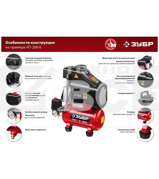 Компрессор воздушный безмасляный, 200 л/мин, 6 л, 1500 Вт, Зубр