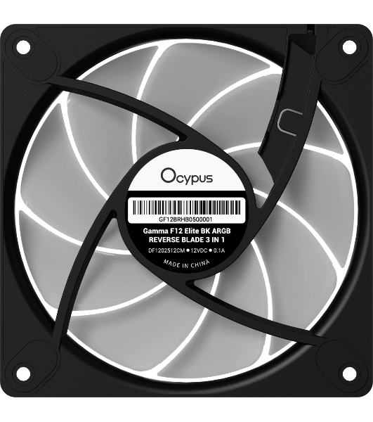 Вентилятор для корпуса Ocypus Gamma F12 Elite BK ARGb REVERSE BLADE, 120x120x25mm, 4-PIN PWM, 600-1800 RPM, 26 DBA MAX, HYDRO BEARING