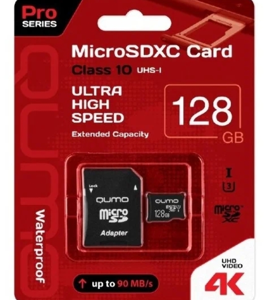 Флеш карта MicroSDXC 128Gb QUMO Class 10 UHS-I U3 черный adp