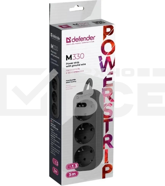 Удлинитель cетевой Defender M330 черный, 3 м, EURO, 3 розетки, 2200 Вт