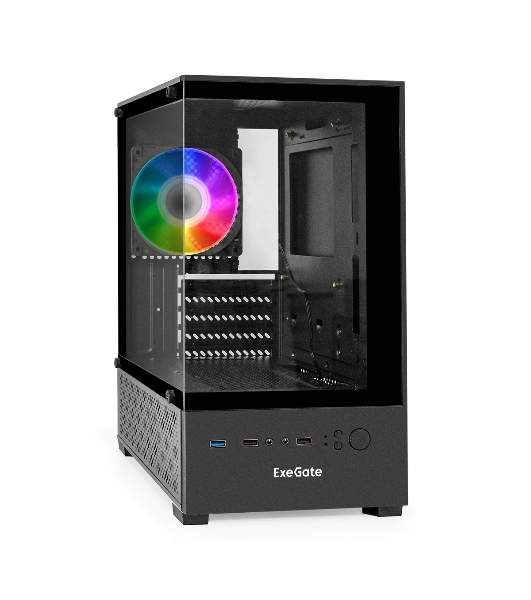 Компьютерный корпус Minitower ExeGate i3 SEA-NPX650 (mATX, БП 650NPX, 2*USB+1*USB 3.0, HD аудио, черный, 1 вент. 12см с RGB подсветкой, передняя и боковая панели - закаленное стекло)